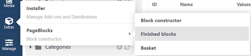 Reusable blocks menu